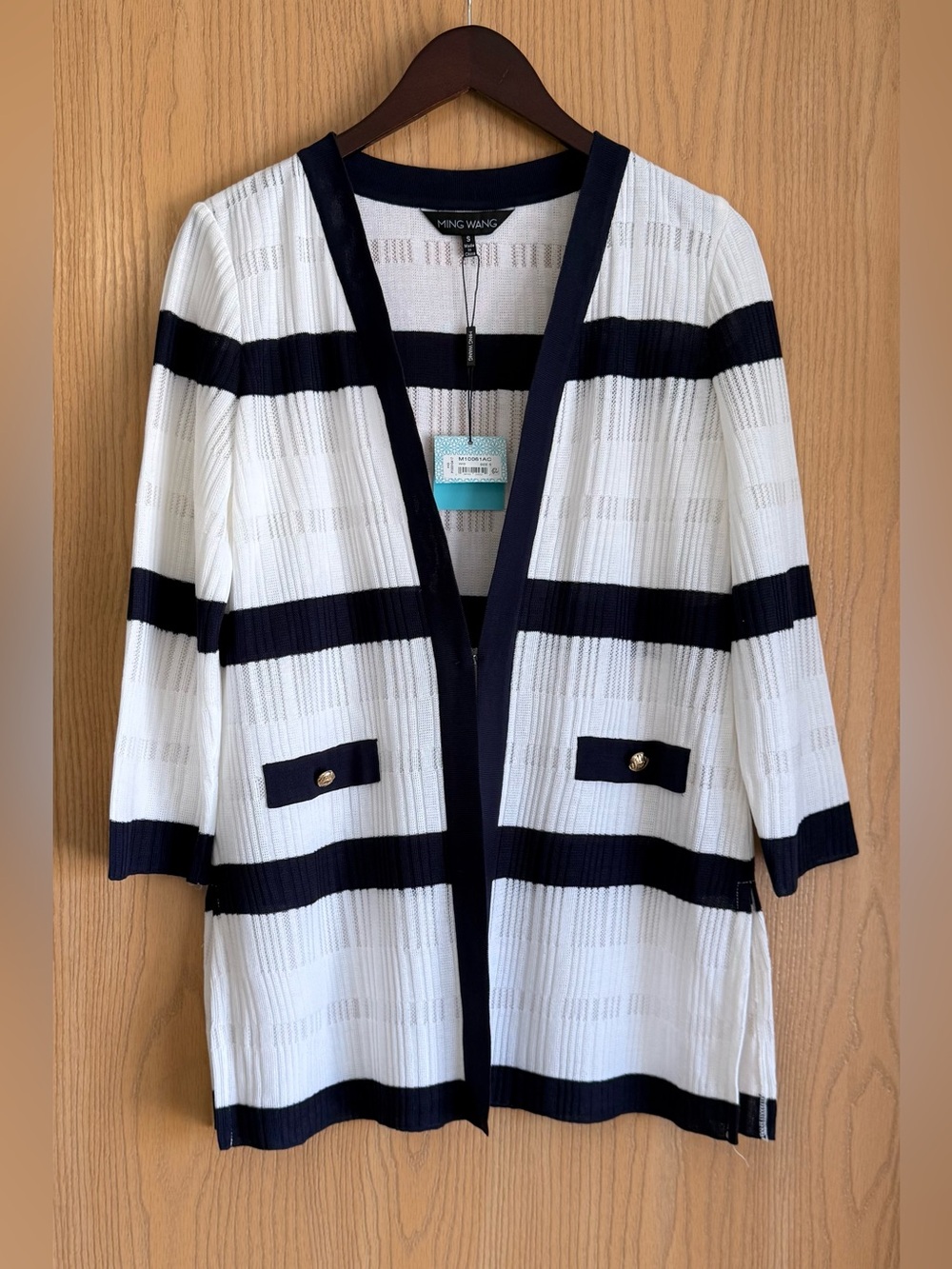 Ming Wang | Women’s Small | White Navy Rib Stripe Semi Sheer Knit Cardigan NWT